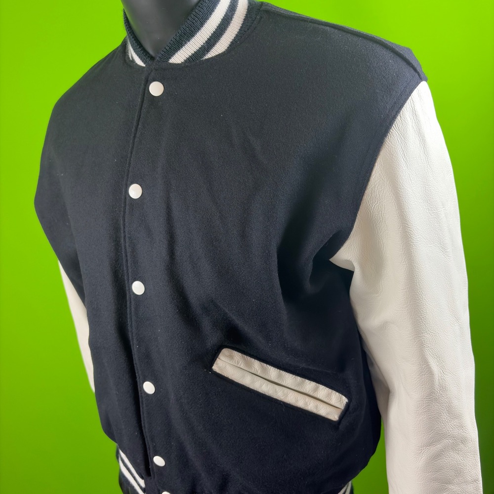 Holloway Original Varsity Jacket Mens M Navy White Wool Leather Letterman Bomber